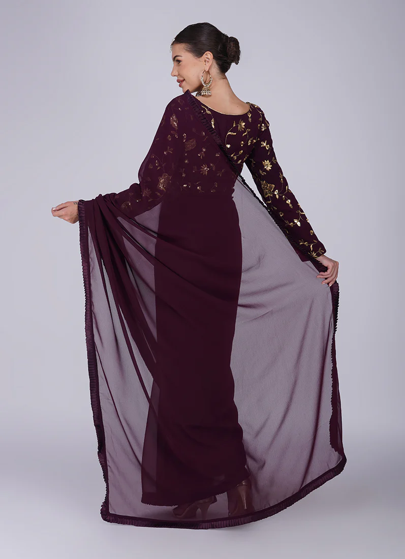 Wine Zari Embroidered Saree - Image 4