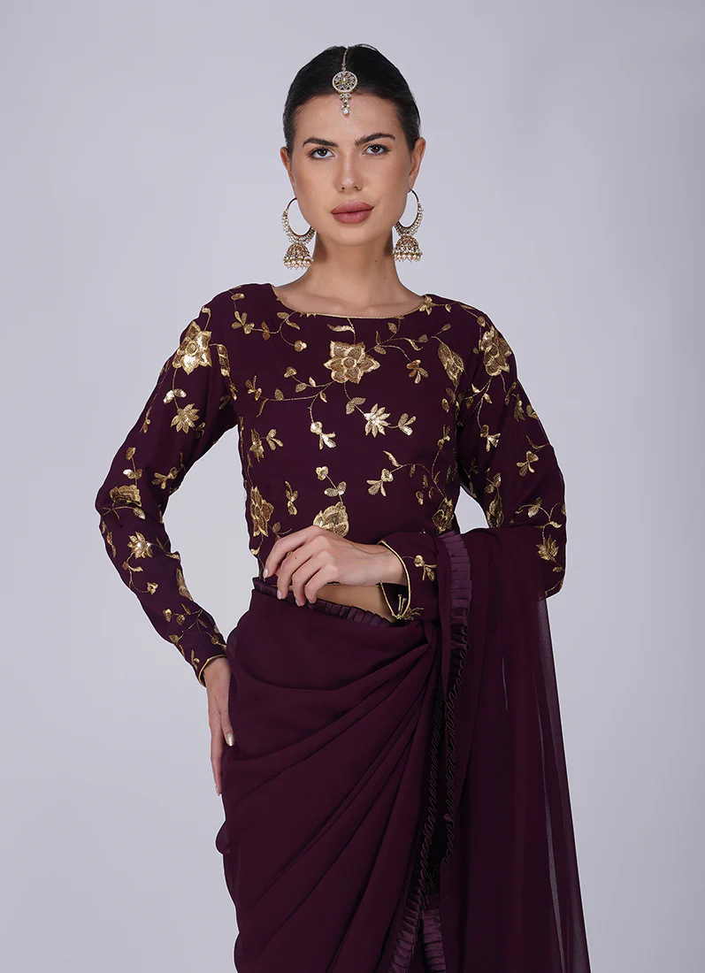 Wine Zari Embroidered Saree - Image 5