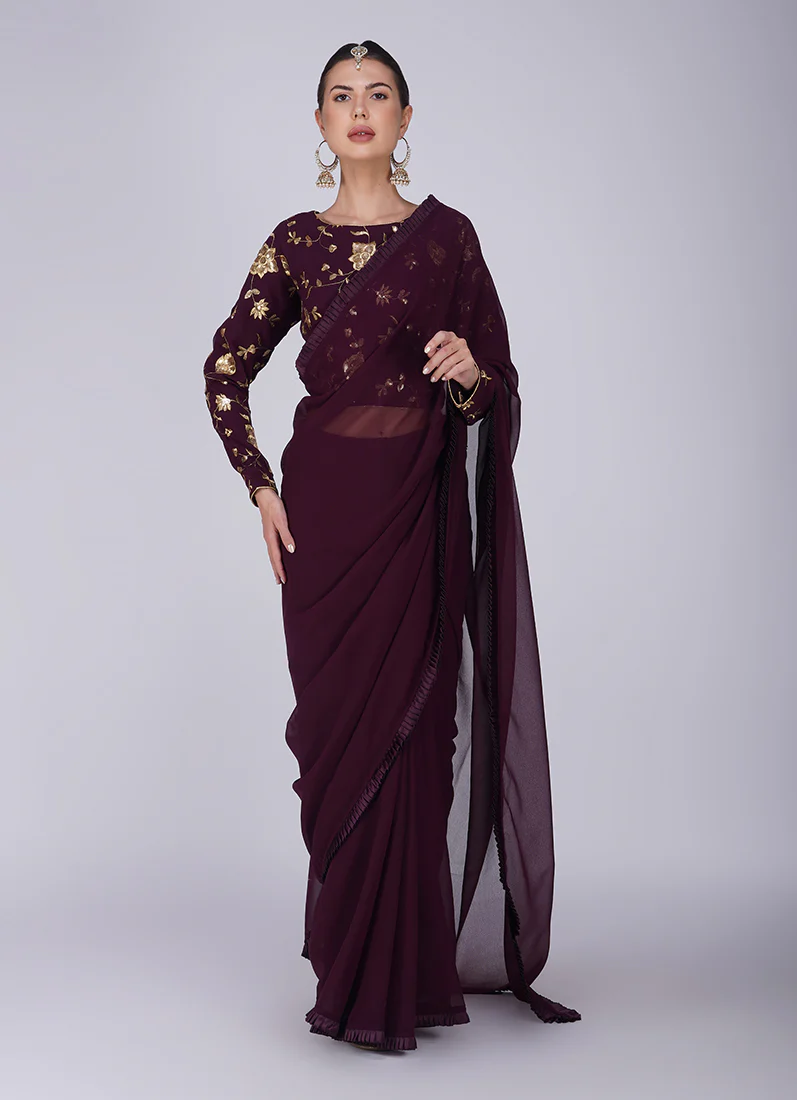 Wine Zari Embroidered Saree - Image 6