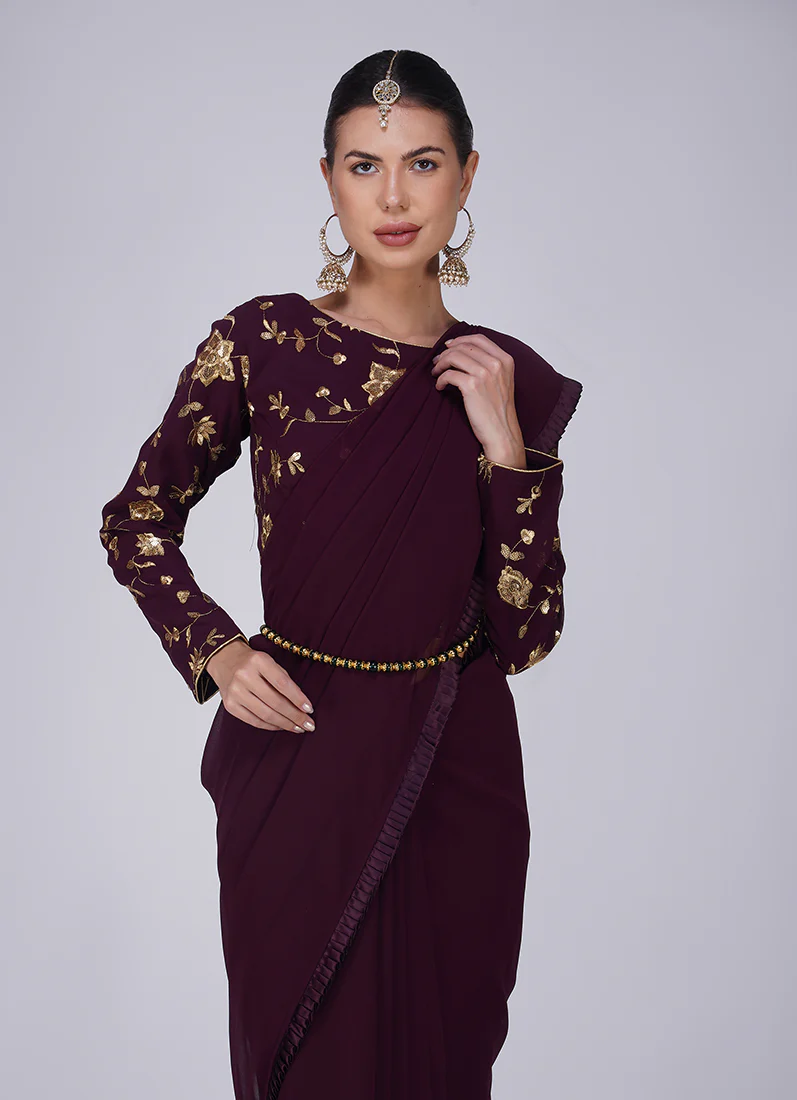 Wine Zari Embroidered Saree - Image 7