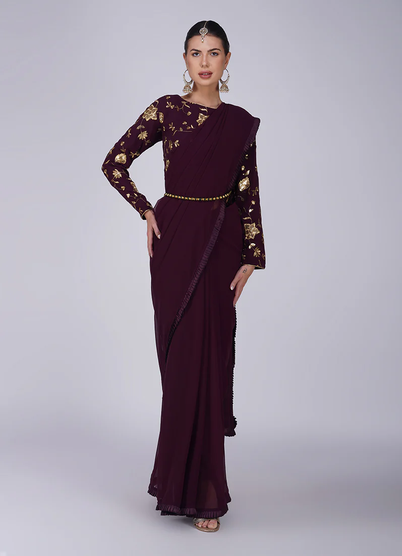 Wine Zari Embroidered Saree - Image 8