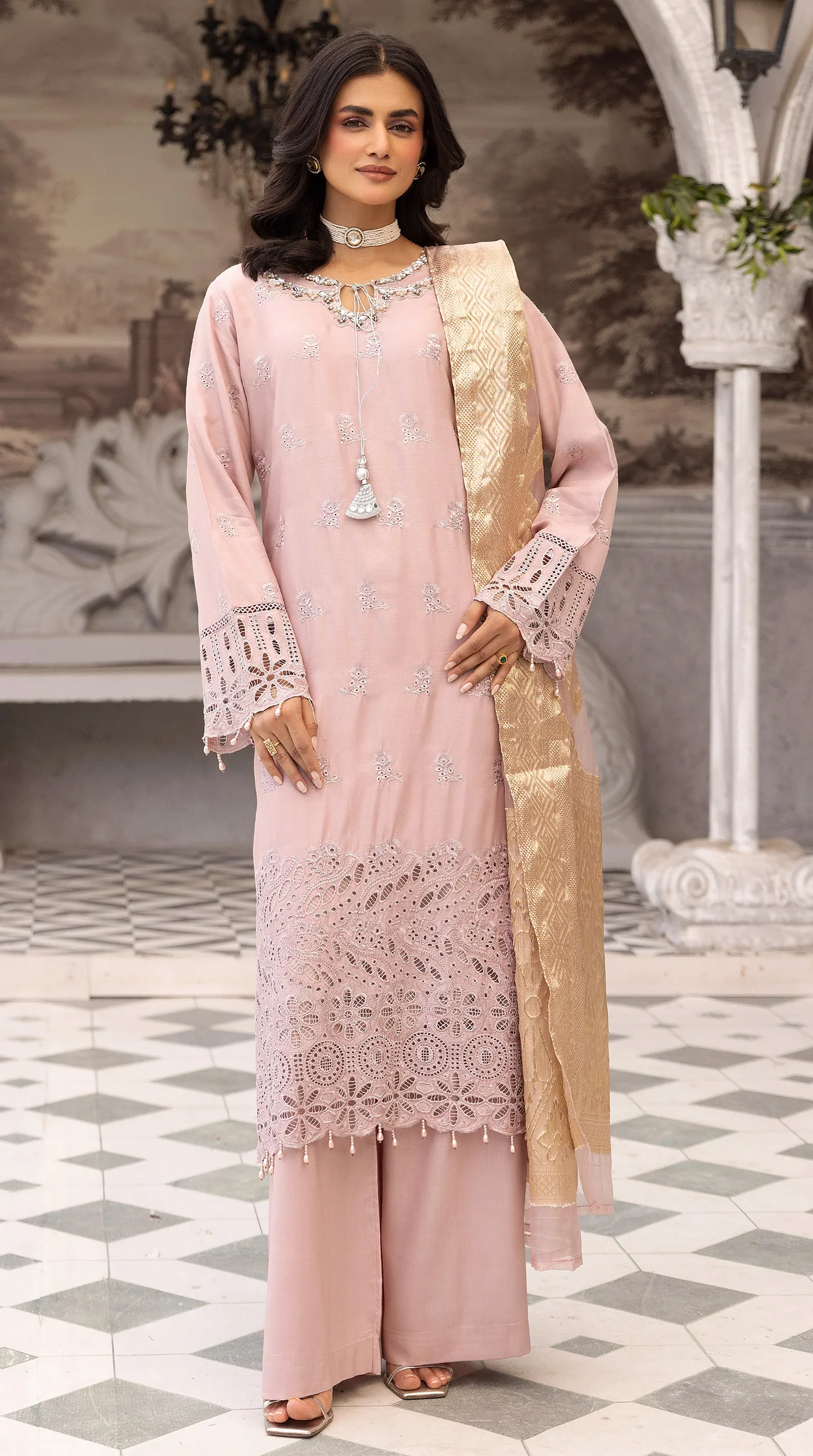 Women’s Light Pink Chikankari Embroidered Suit with Jacquard Dupatta - Image 2