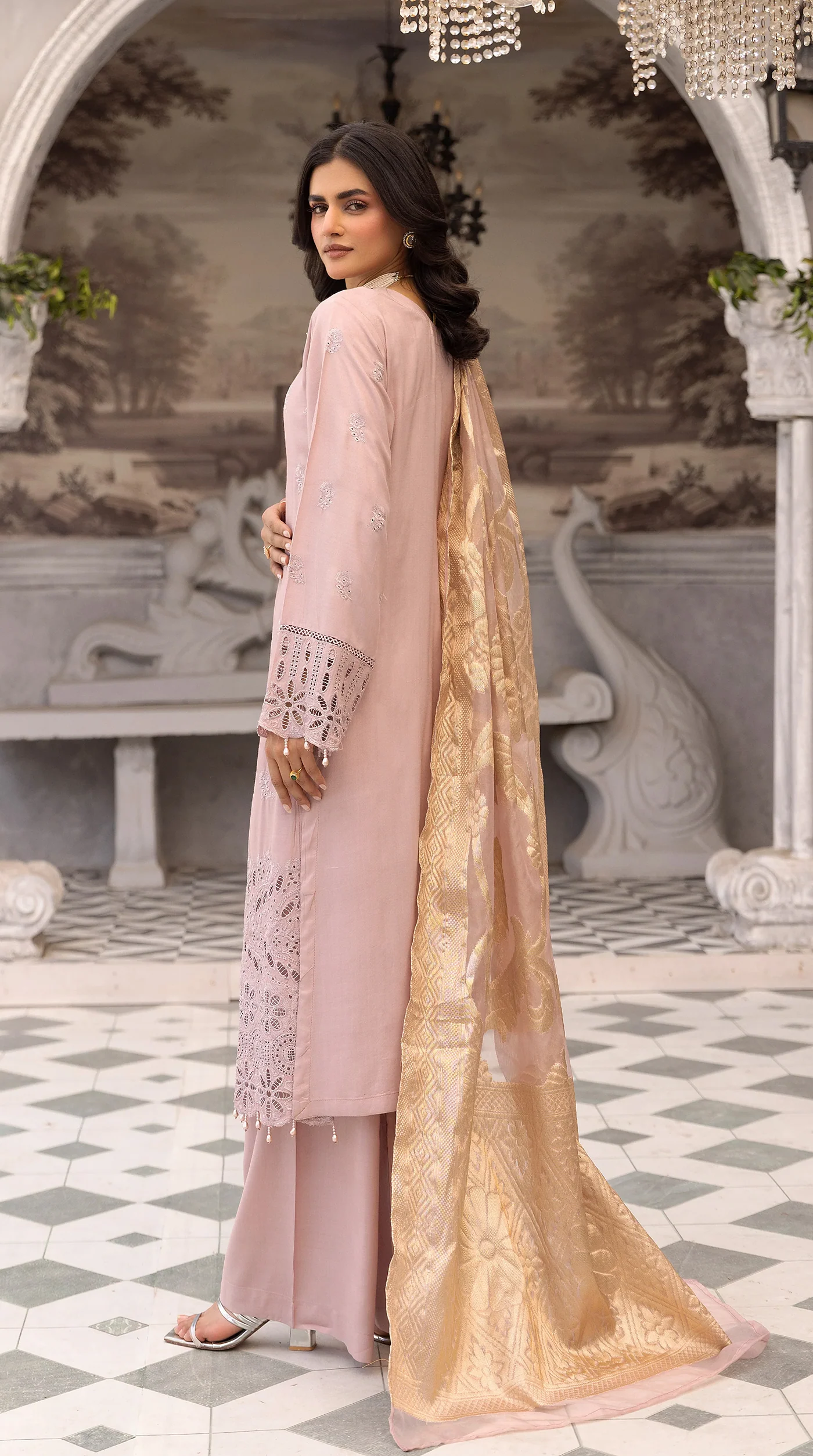 Women’s Light Pink Chikankari Embroidered Suit with Jacquard Dupatta - Image 3