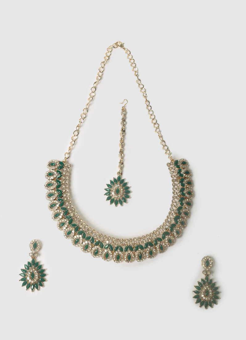 Women’s Antique Gold Necklace Set with Green Stones - Image 2