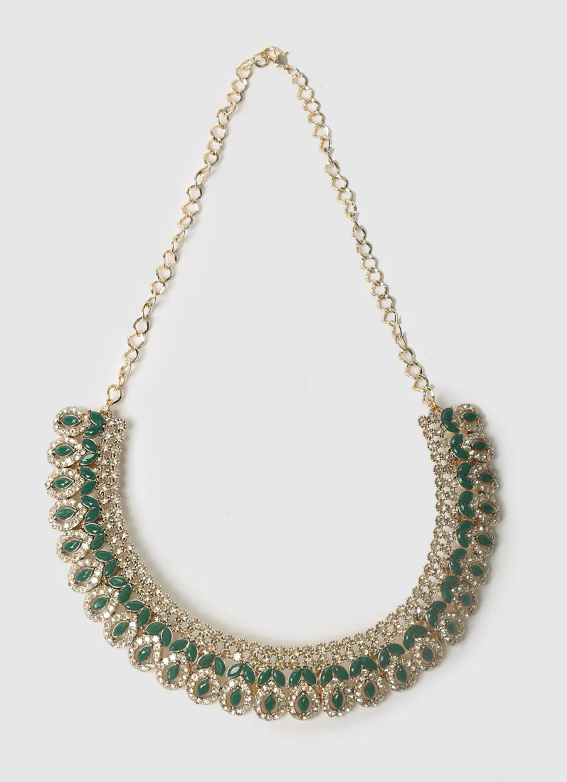 Women’s Antique Gold Necklace Set with Green Stones - Image 3