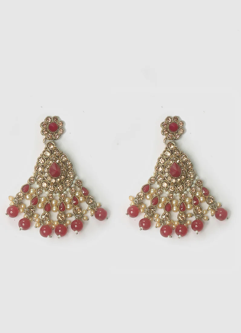 Women’s Antique Gold Maroon Pearl & Beaded Stone Necklace Set - Image 10