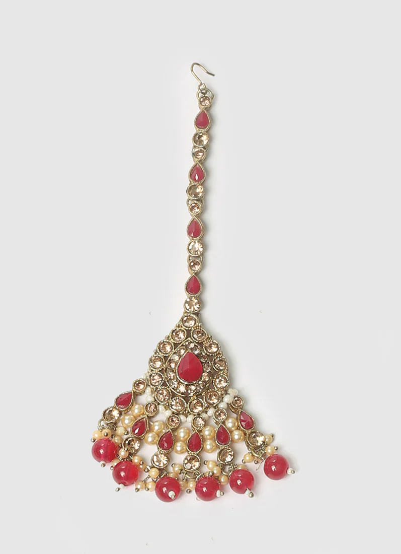 Women’s Antique Gold Maroon Pearl & Beaded Stone Necklace Set - Image 11