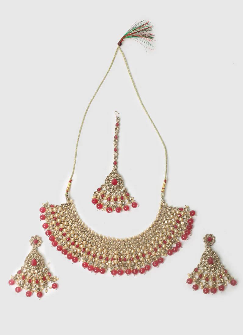 Women’s Antique Gold Maroon Pearl & Beaded Stone Necklace Set - Image 8