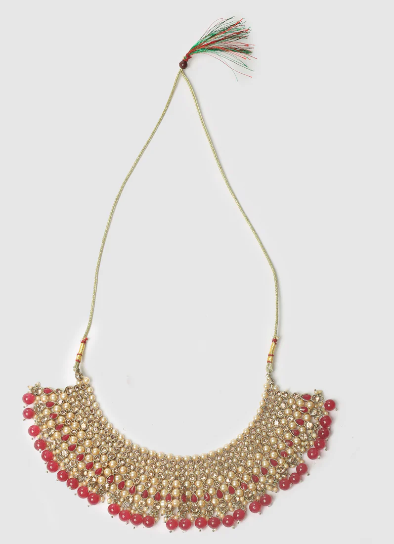 Women’s Antique Gold Maroon Pearl & Beaded Stone Necklace Set - Image 9
