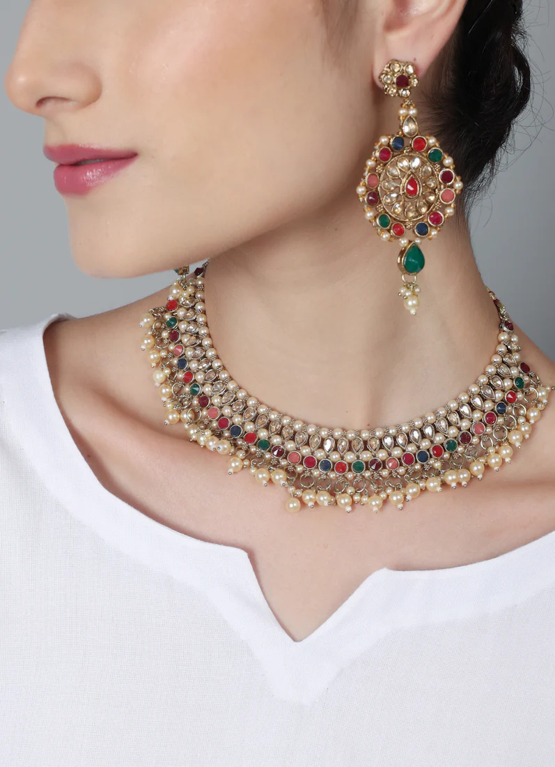 Women’s Antique Gold Multi-color Beaded Pearl Necklace Set - Image 2
