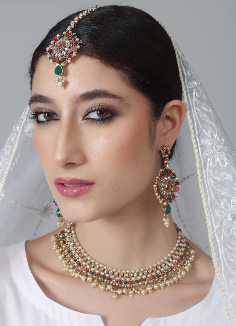 Women’s Antique Gold Multi-color Beaded Pearl Necklace Set - Image 5
