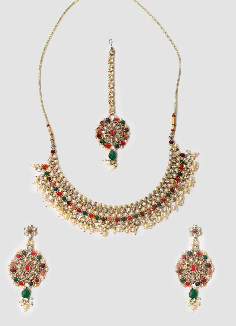 Women’s Antique Gold Multi-color Beaded Pearl Necklace Set - Image 7