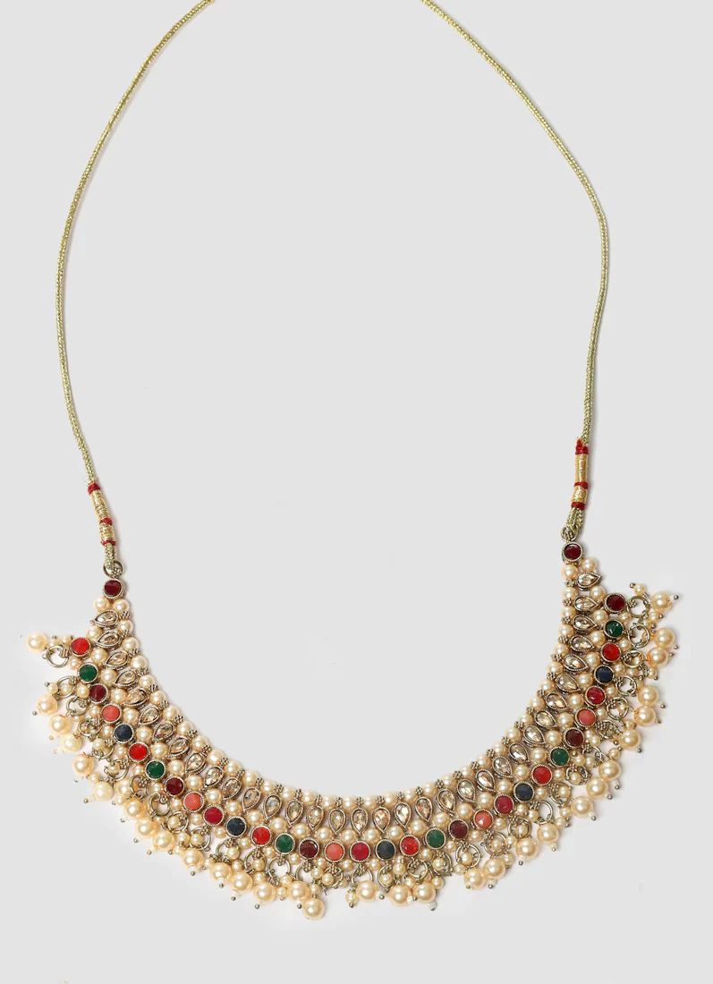 Women’s Antique Gold Multi-color Beaded Pearl Necklace Set - Image 8