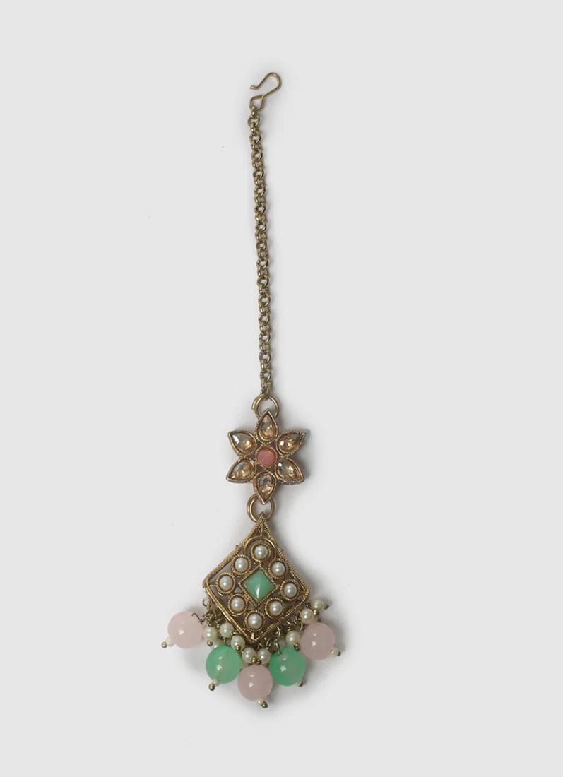 Women’s Antique Gold Pink & Sea Green Beaded Stone Necklace Set - Image 11