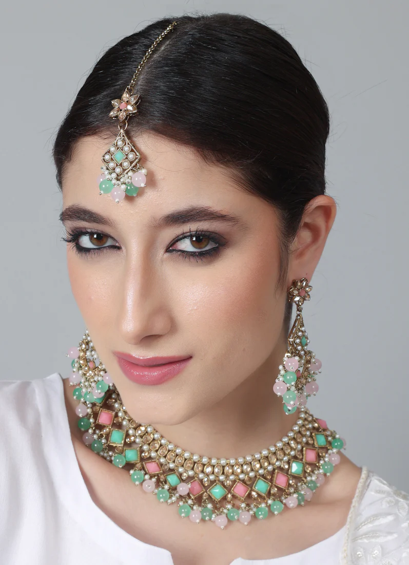 Women’s Antique Gold Pink & Sea Green Beaded Stone Necklace Set - Image 4