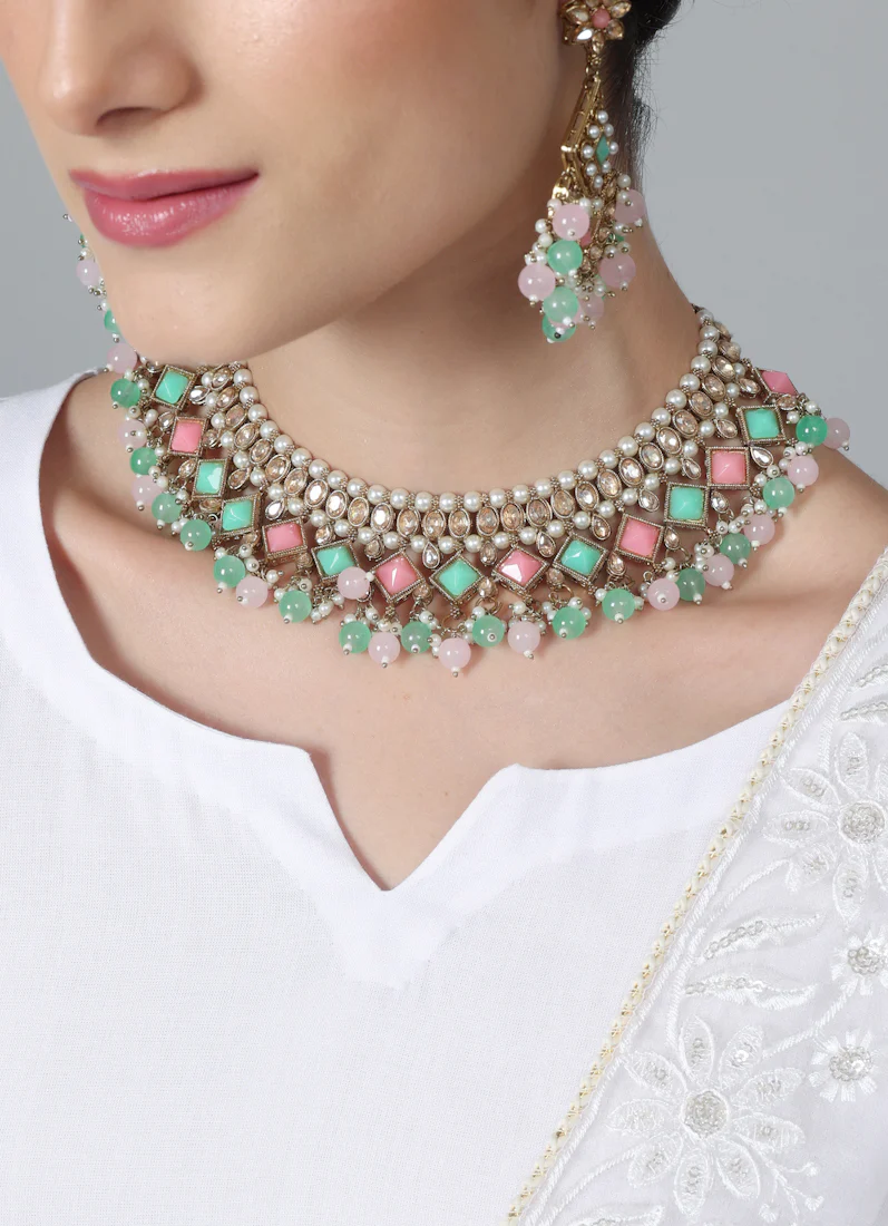 Women’s Antique Gold Pink & Sea Green Beaded Stone Necklace Set - Image 5