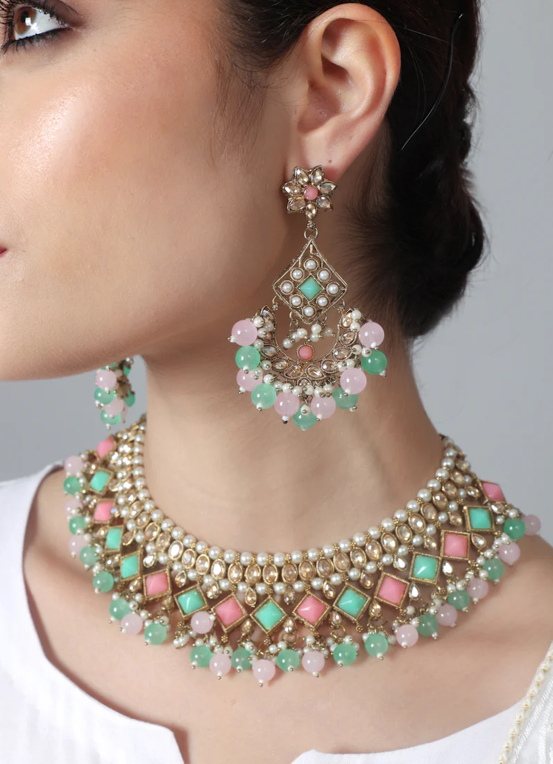 Women’s Antique Gold Pink & Sea Green Beaded Stone Necklace Set - Image 7