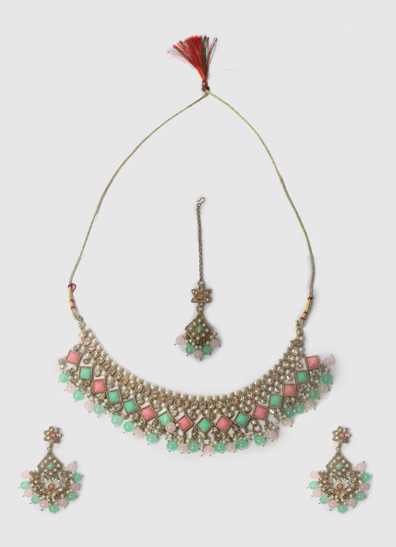 Women’s Antique Gold Pink & Sea Green Beaded Stone Necklace Set - Image 8
