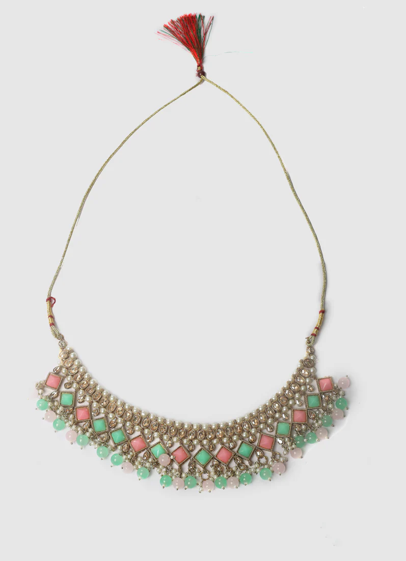 Women’s Antique Gold Pink & Sea Green Beaded Stone Necklace Set - Image 9