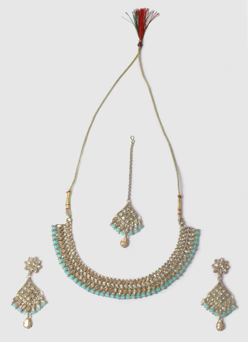 Women's Aqua Blue Pearls & Antique Gold Stone Jewellery Set - Image 2