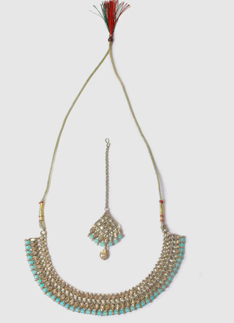 Women's Aqua Blue Pearls & Antique Gold Stone Jewellery Set - Image 3