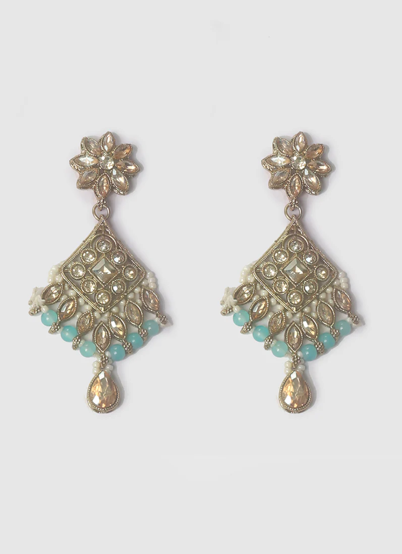 Women's Aqua Blue Pearls & Antique Gold Stone Jewellery Set - Image 4