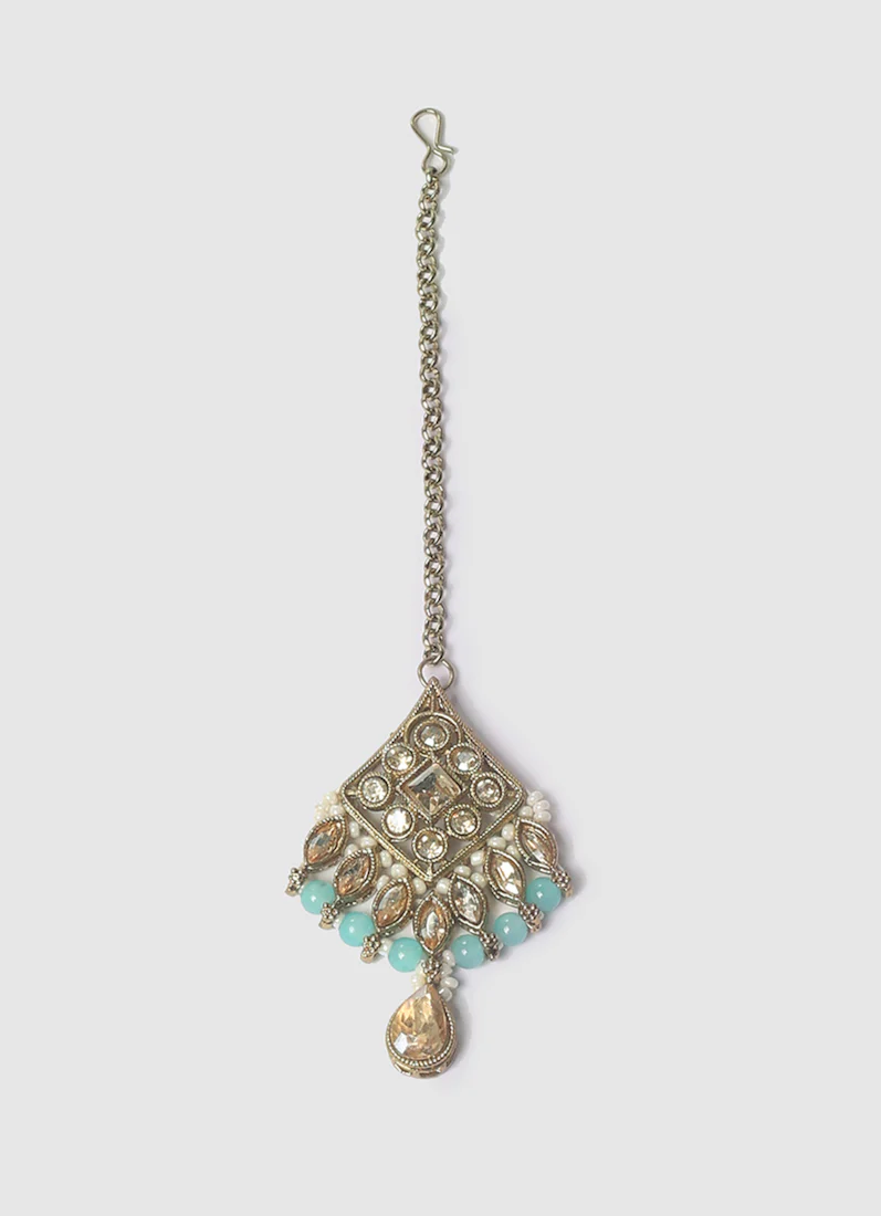 Women's Aqua Blue Pearls & Antique Gold Stone Jewellery Set - Image 5