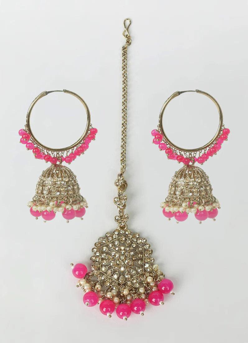 Women’s Berry Pink Beaded Earrings & Tikka Set - Image 2