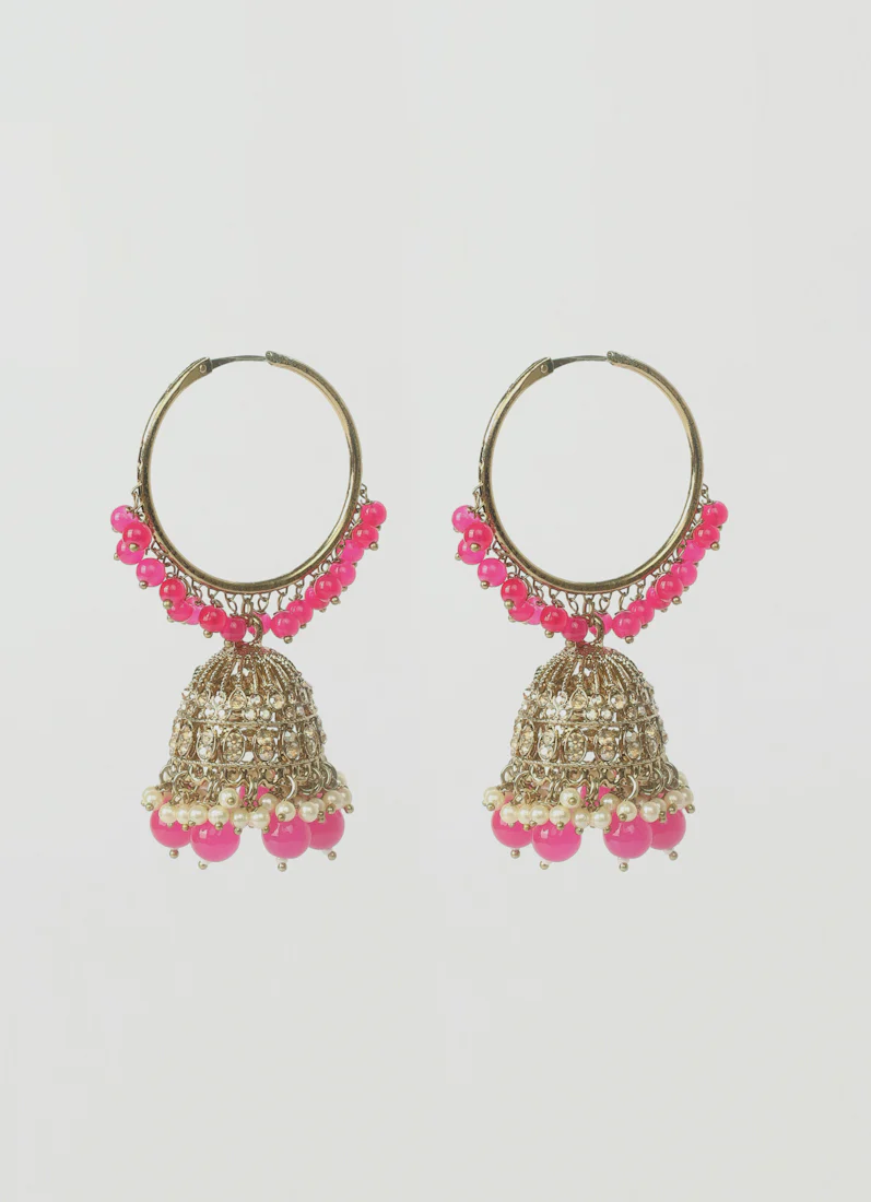 Women’s Berry Pink Beaded Earrings & Tikka Set - Image 3