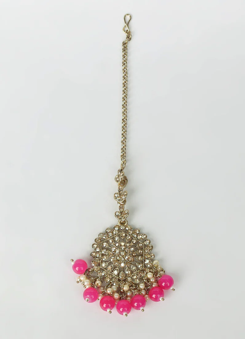 Women’s Berry Pink Beaded Earrings & Tikka Set - Image 4