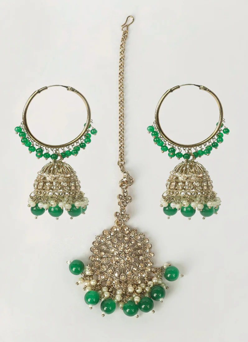 Women's Dark Green Beaded Earrings & Tikka Set - Image 2