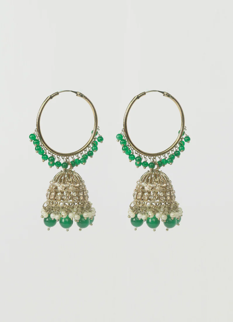 Women's Dark Green Beaded Earrings & Tikka Set - Image 3