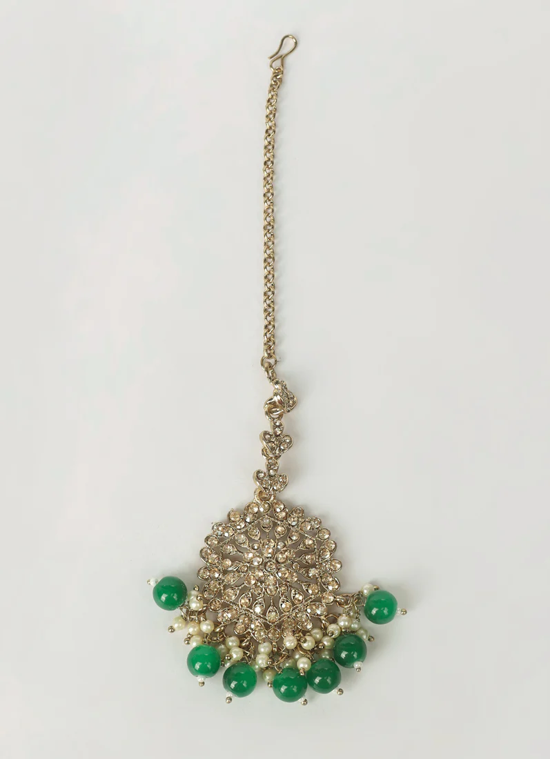 Women's Dark Green Beaded Earrings & Tikka Set - Image 4