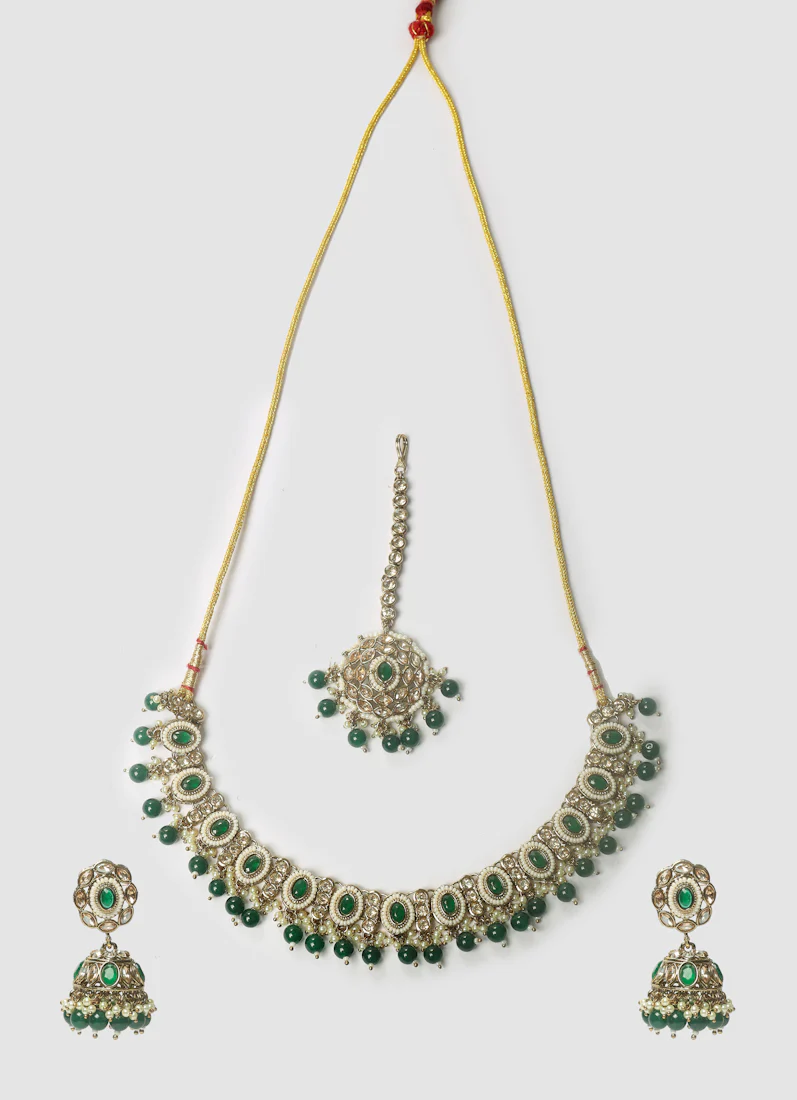 Women’s Dark Green Stone & Pearl Drop Jewellery Set - Image 2
