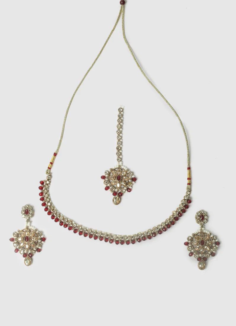 Women’s Delicate Antique Gold & Maroon Jewellery Set - Image 2
