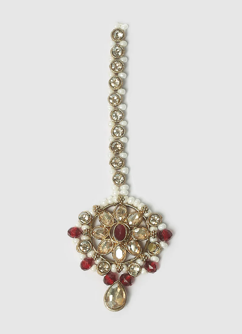Women’s Delicate Antique Gold & Maroon Jewellery Set - Image 5