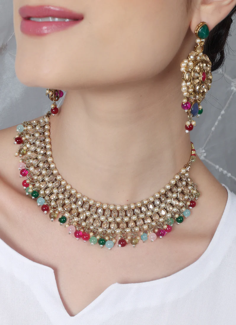 Women’s Diamante and Multi-color Beaded Necklace Set - Image 2