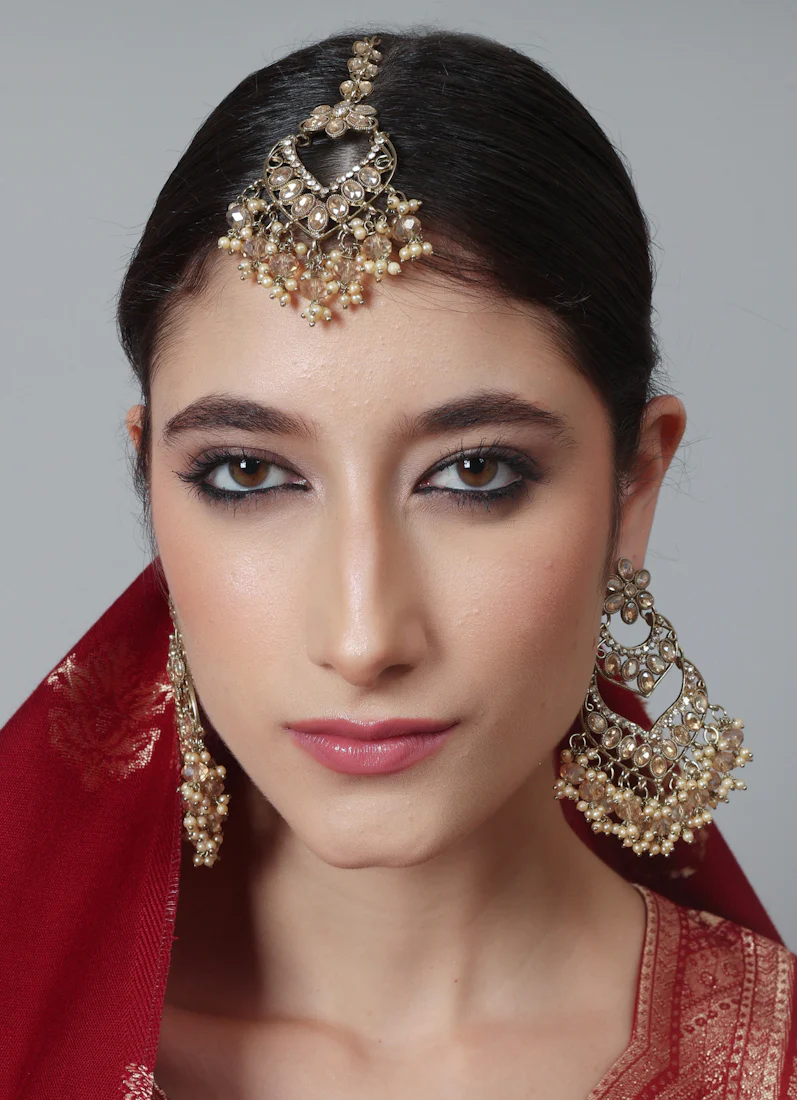 Womens Gold Latkan Style Earrings & Tikka Set - Image 3