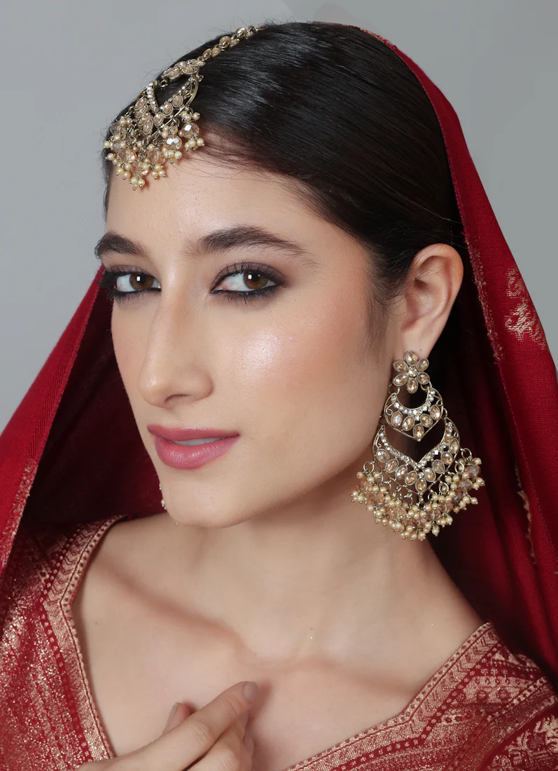 Womens Gold Latkan Style Earrings & Tikka Set - Image 5