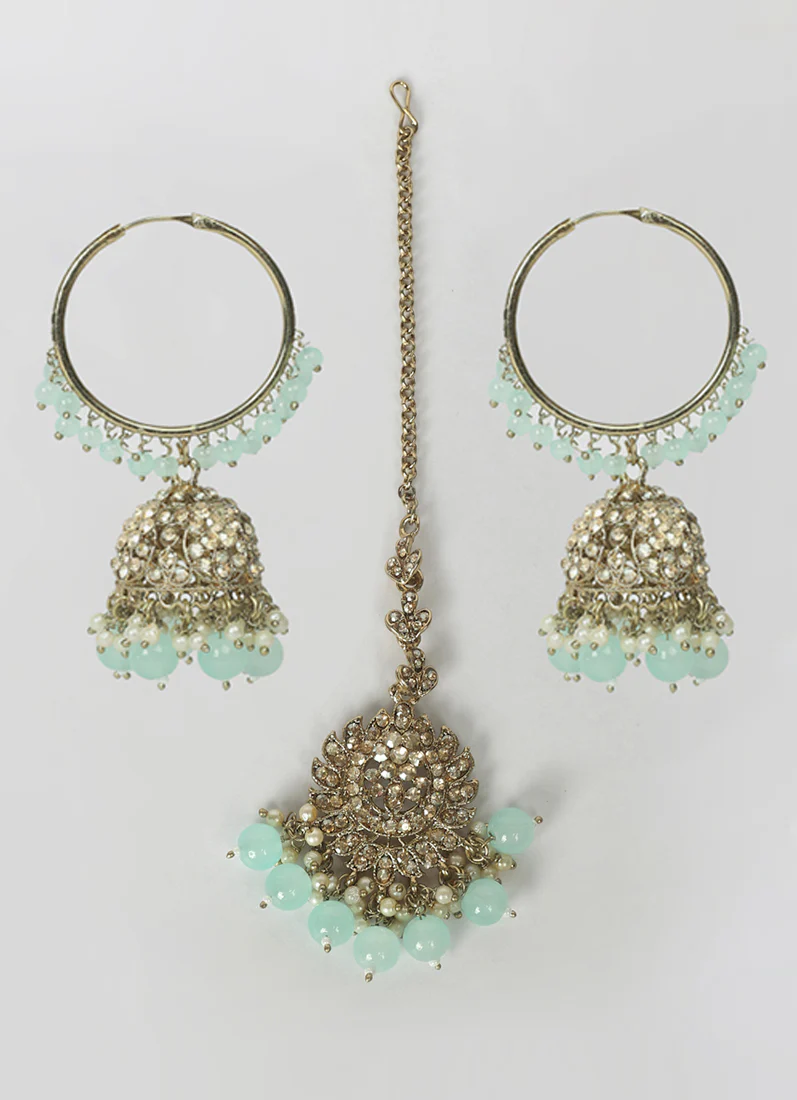 Women’s Gold Plated Sea Green Earrings and Tikka Set - Image 2