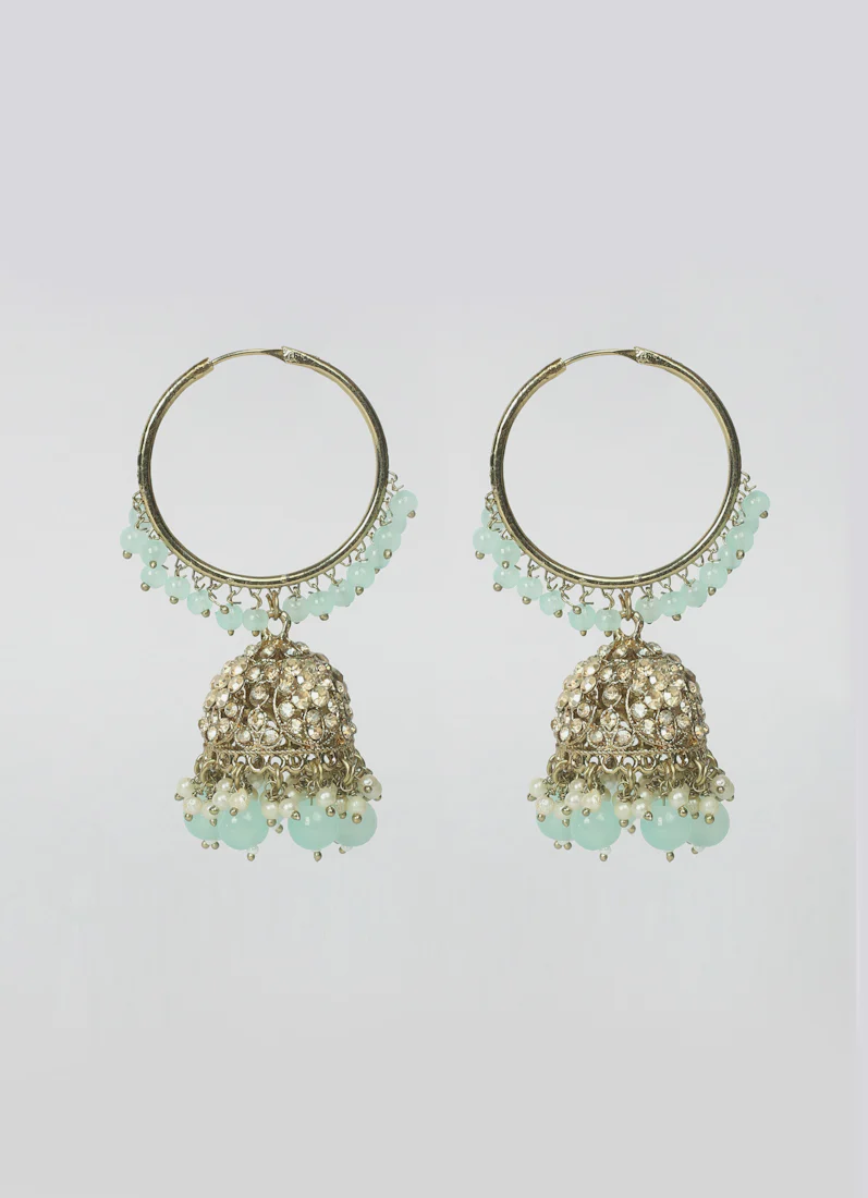 Women’s Gold Plated Sea Green Earrings and Tikka Set - Image 3