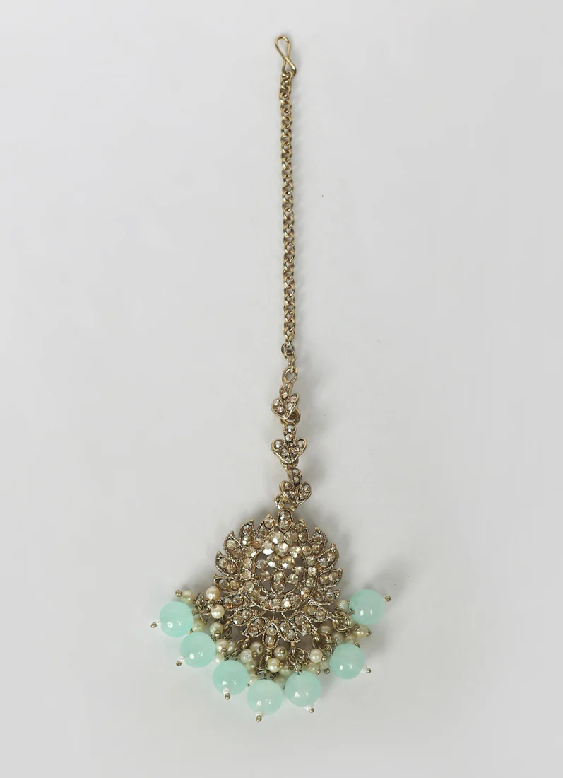 Women’s Gold Plated Sea Green Earrings and Tikka Set - Image 4