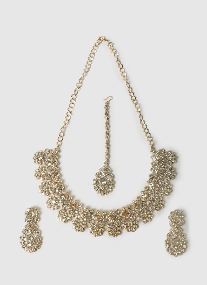 Womens Gold Stonework Floral Design Jewellery Set - Image 7