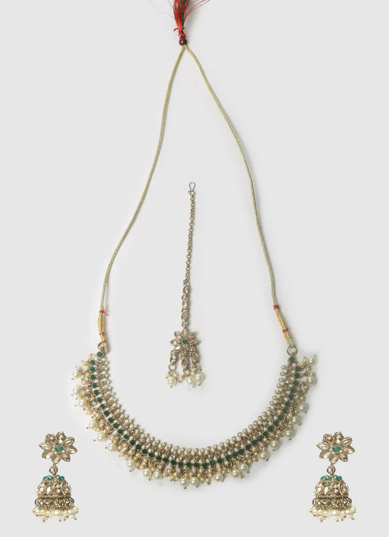 Women's Green Multilayer Diamante, Beads & Pearl Jewelry Set - Image 2