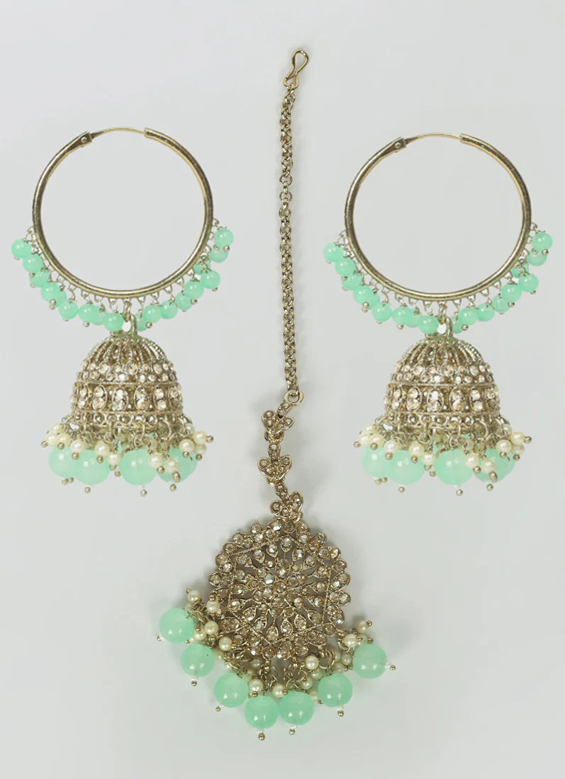 Women's Light Green Beaded Earrings & Tikka Set - Image 2