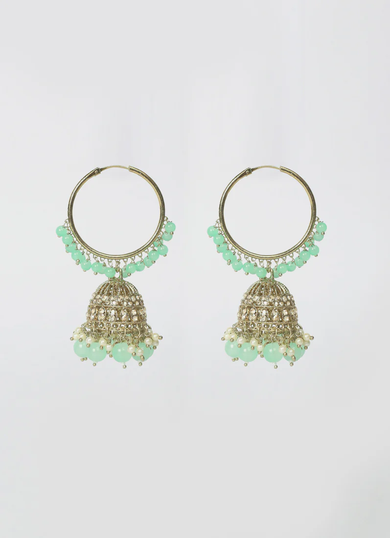 Women's Light Green Beaded Earrings & Tikka Set - Image 3