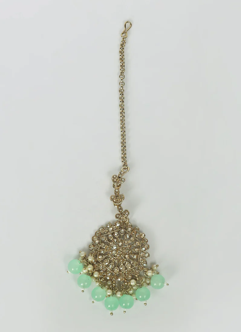 Women's Light Green Beaded Earrings & Tikka Set - Image 4