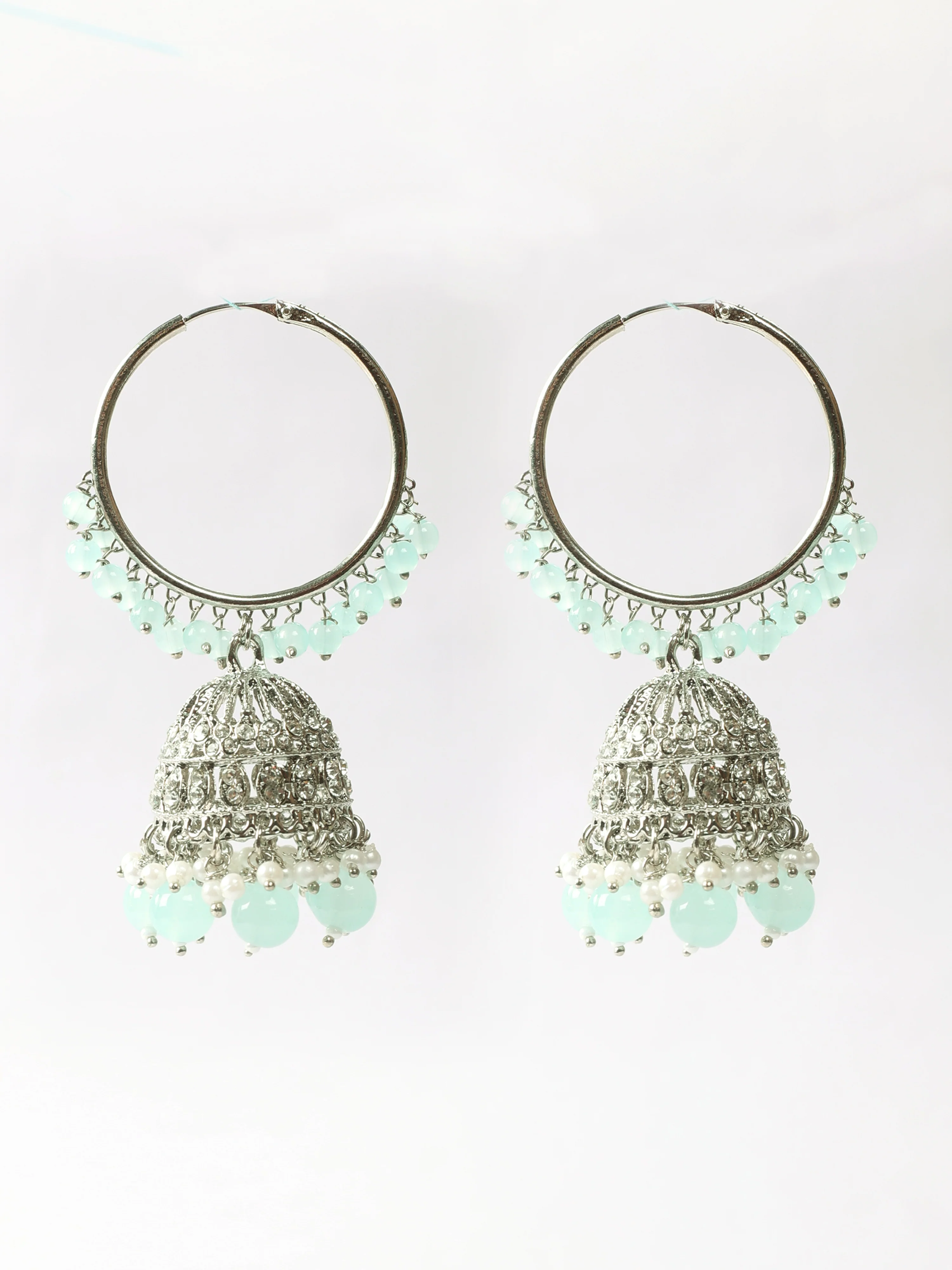 Women’s Light Green and Silver Pearl Beaded Earrings & Tikka Set - Image 2