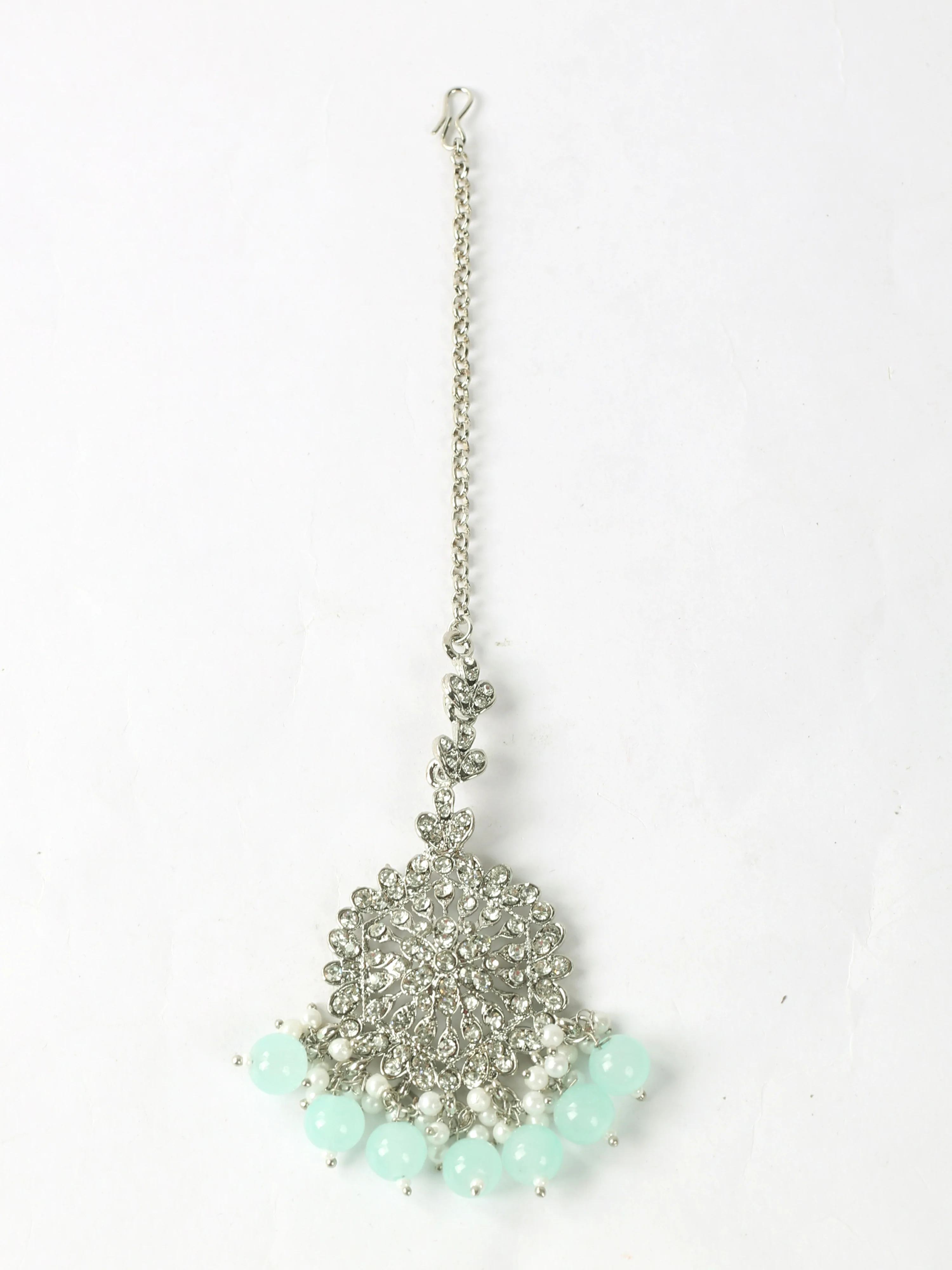 Women’s Light Green and Silver Pearl Beaded Earrings & Tikka Set - Image 3