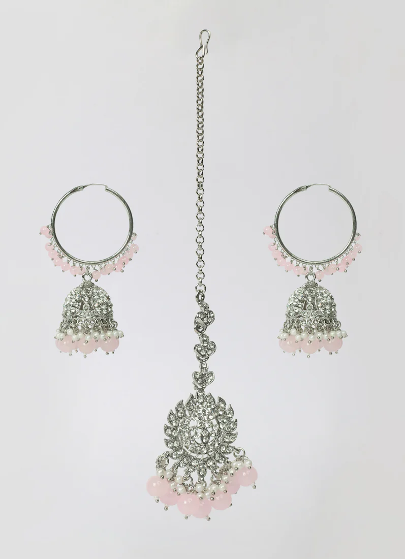 Women’s Light Pink Pearl Beaded Earrings & Tikka Set - Image 2